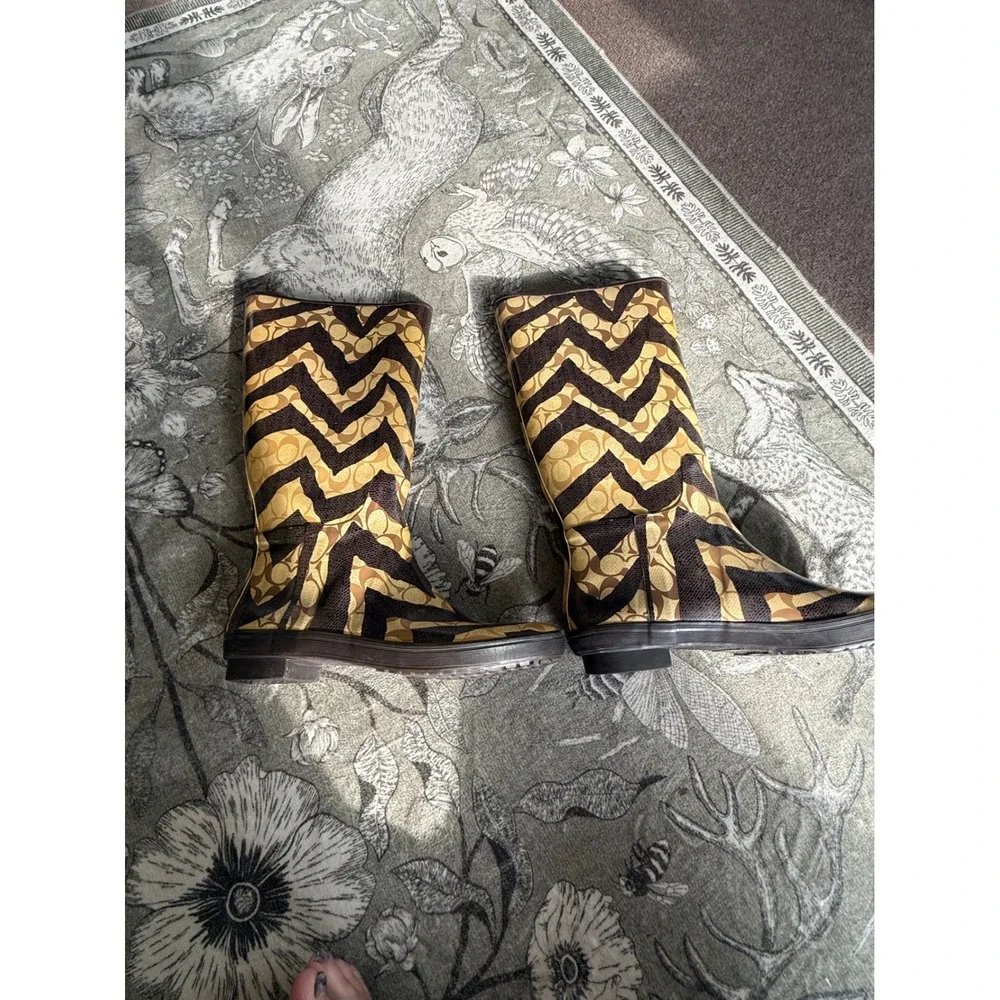 Coach Pammie Rain Boots Brown Tan Signature C Luxury Zebra Tall Womens 10B